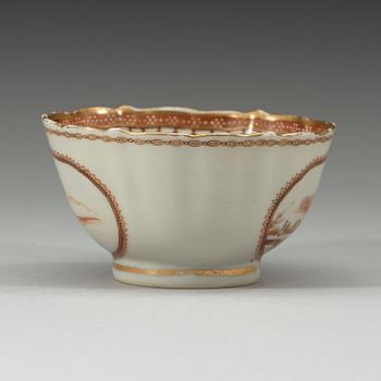 A red and gold "European subject" cup with saucer, Qing dynasty, Qianlong (1736-95).