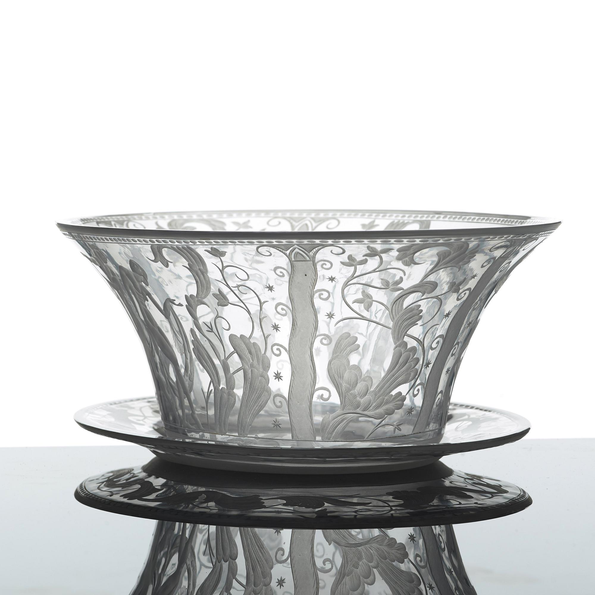 Simon Gate, an engraved glass bowl and stand, Orrefors, Sweden  1924, model 147.