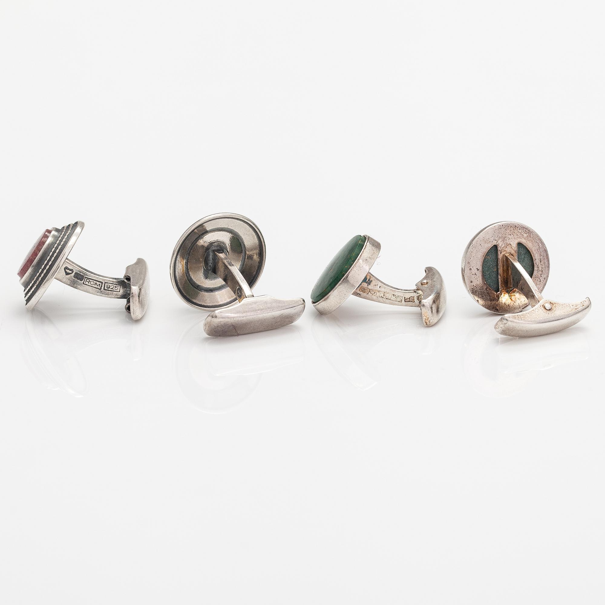 Börje Rajalin, Two pairs of stelring silver cufflinks with green marble and rhodonite. Kalevala Koru, Helsinki.