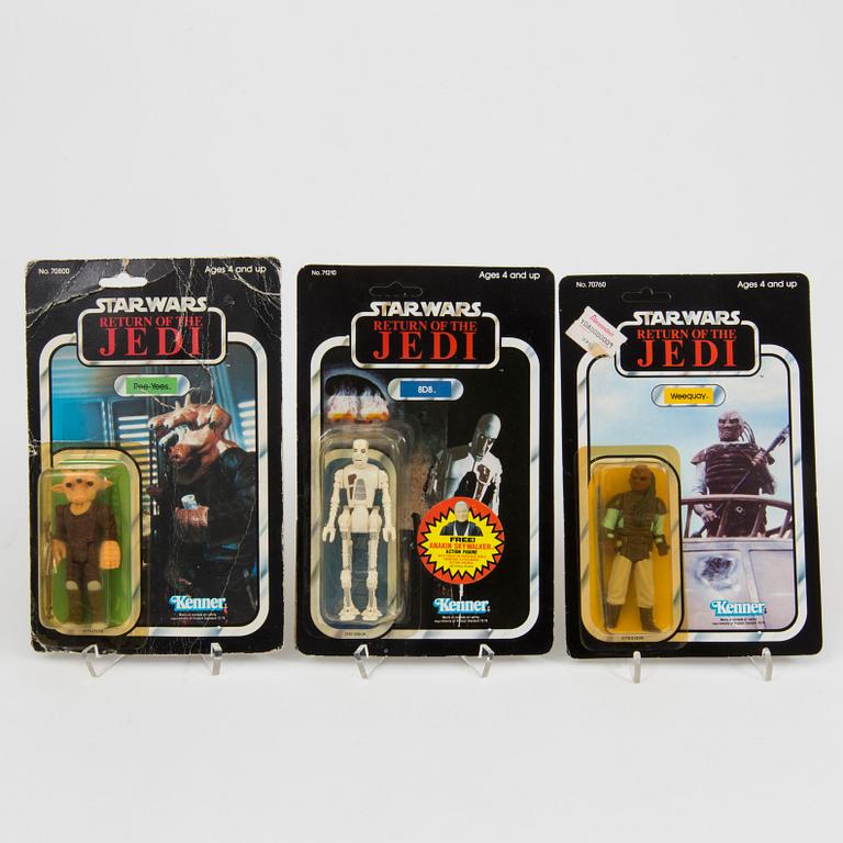 STAR WARS, 6 stycken figurer i Return of the Jedi förpackning, Kenner och Palitoy 1980-tal.