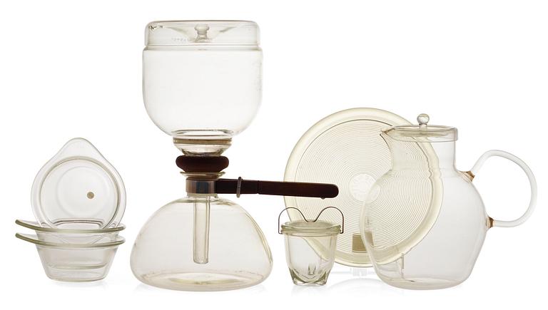 A Gerhard Marcks 'Sintrax' glass perculator and A Wilhelm Wagenfeld lidded jug, a stand, three bowls and an egg cooker,