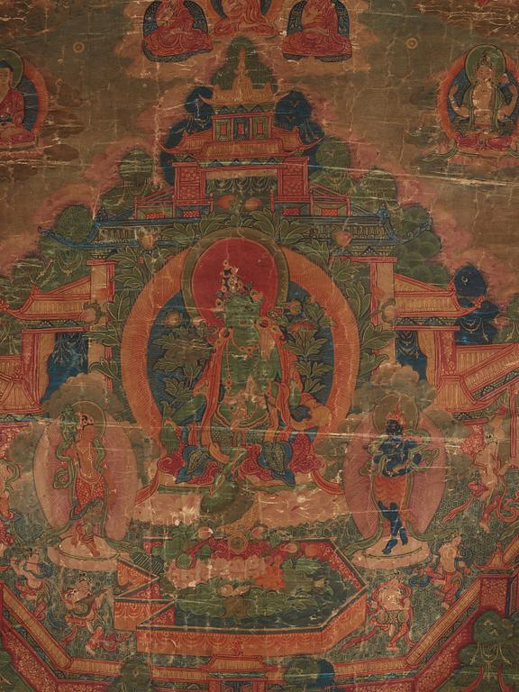 Thangka, grön Tara, tusch och färg på duk. Tibet, 1800-tal.