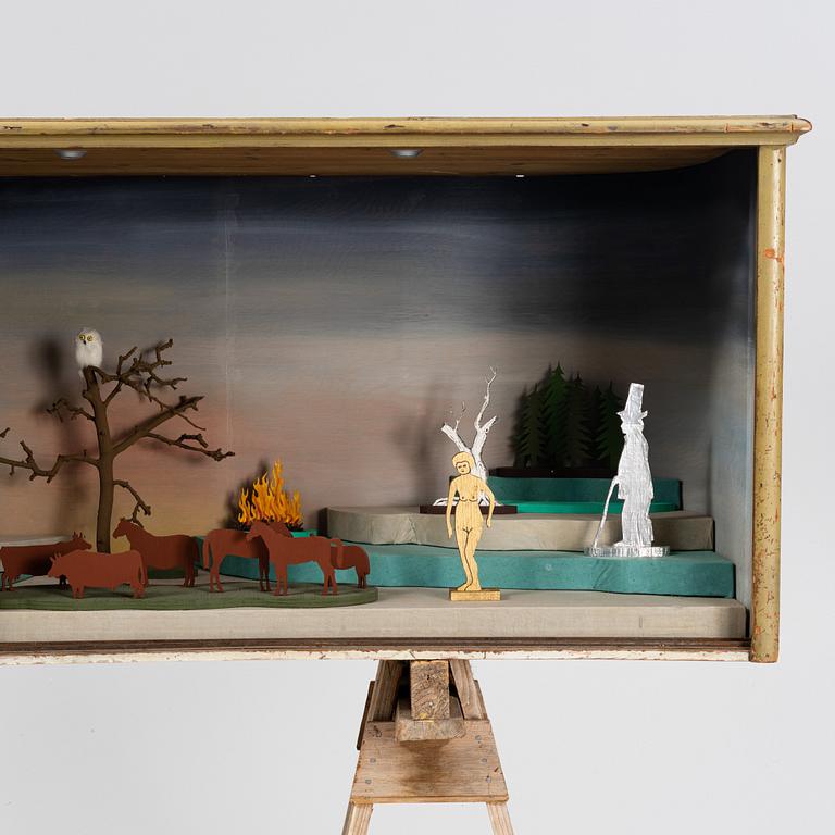 Richard Johansson, object/installation in a wooden cupboard, drawing, painting and mixed media, signed.