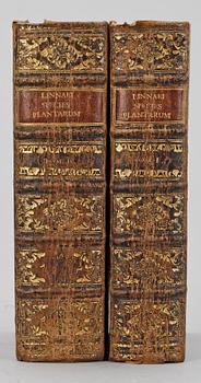 BOKVERK, 2 vol, "Species Plantarum exhibentes plantas rite..." av Carl von Linné, Stockholm 1762 resp 1763.