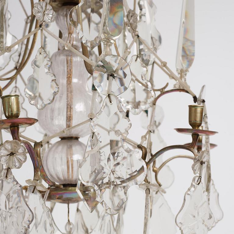 A Swedish rococo gilt-brass and cut glass six-branch chandelier by O. Westerberg (master in Stockholm 1769-1811).