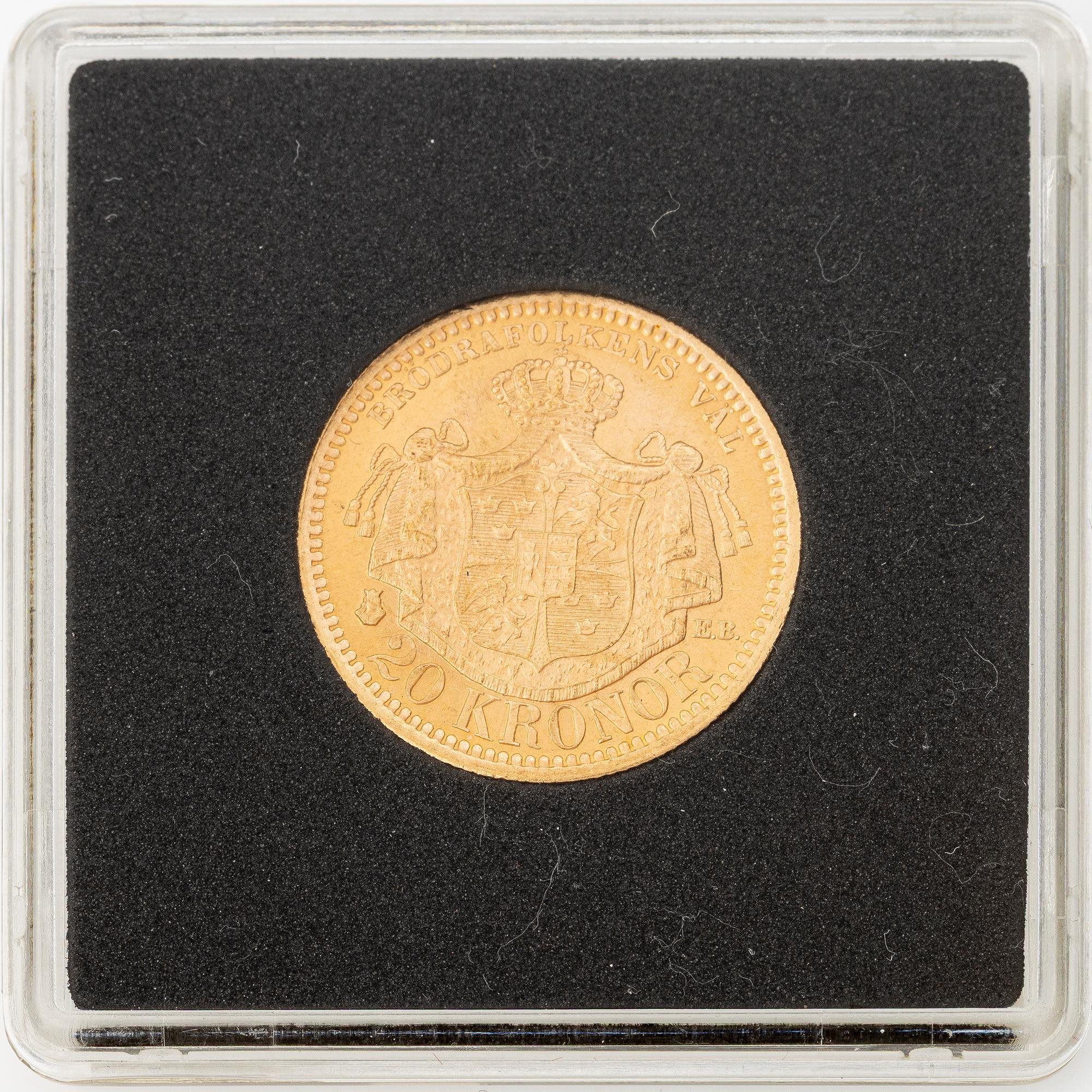 Gold coin, Oscar II, 20 kronor, type III, Sweden 1879.