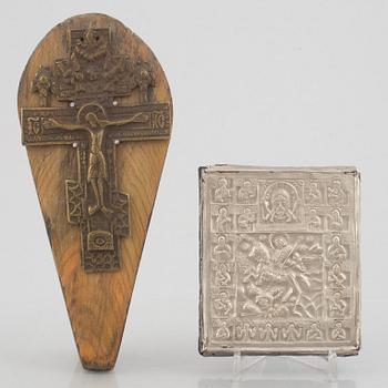 Icon with metal riza and crucifix in brass, Russia 19th/20th Century.