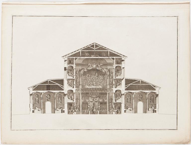 SÉBASTIEN LE CLERC, efter Niccodemus Tessin d.y. 1695, kopparstick, 2st, 1700-tal.