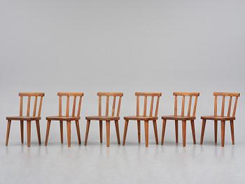 Axel Einar Hjorth, a set of six stained pine "Utö" chairs, Nordiska Kompaniet, Sweden, 1930s.