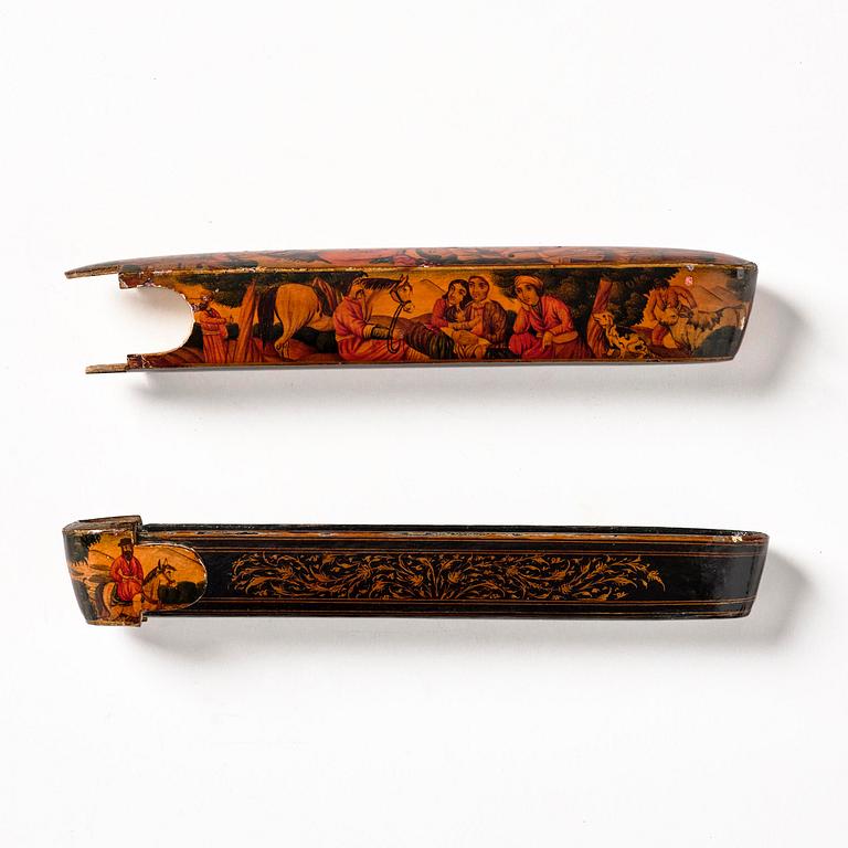 A Qajar papier-mâché polychrome lacquer Qalamdan, Persia, first half of the 19th century.