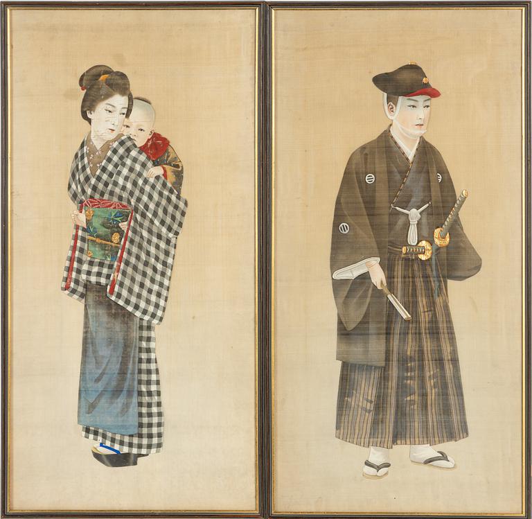Målningar, ett par, på siden. Okänd konstnär, Japan, Meijiperioden.