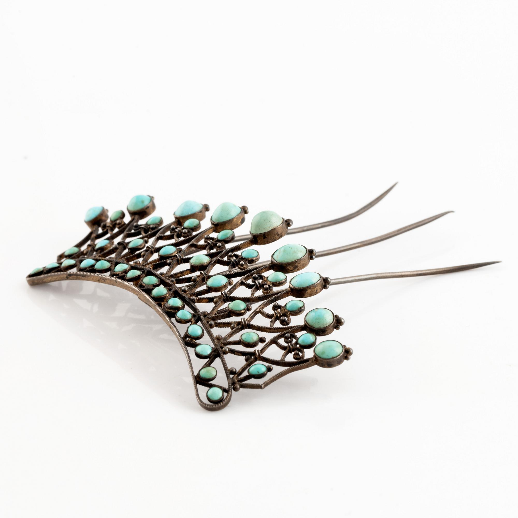 Hair comb silver and turquoise, ca 1870's.
