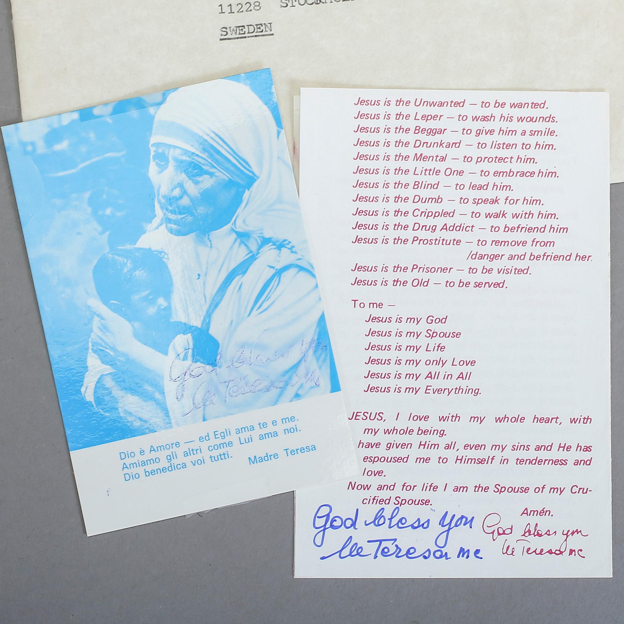 MODER TERESA, 2 namnteckningar.