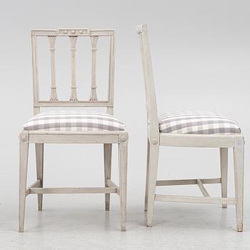 Three late Gustavian chairs, circa 1800. And one chair, late Gustavian style, 20th century.