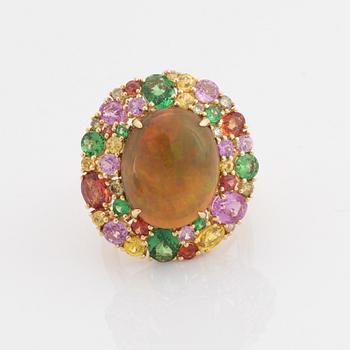 Opal, pink, yellow and orange sapphire, tsavorite and brilliant cut diamond cocktail ring.