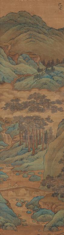 RULLMÅLNING, Qing dynastin (1644-1912). Vandrare i berg- och flodlandskap, i Shen Zhous (1427-1509) art.