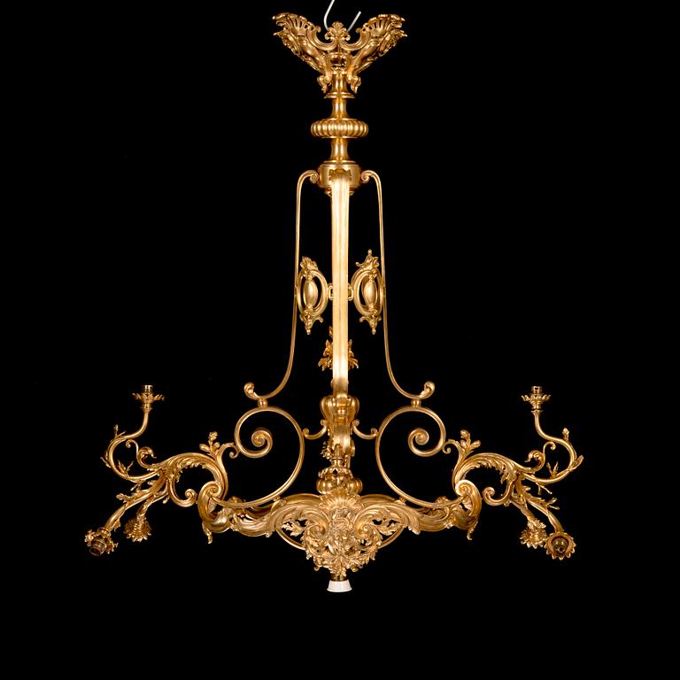 Ferdinand Barbedienne, A signed and gilded bronze chandelier from second half of the 19th century. Height 115 cm.