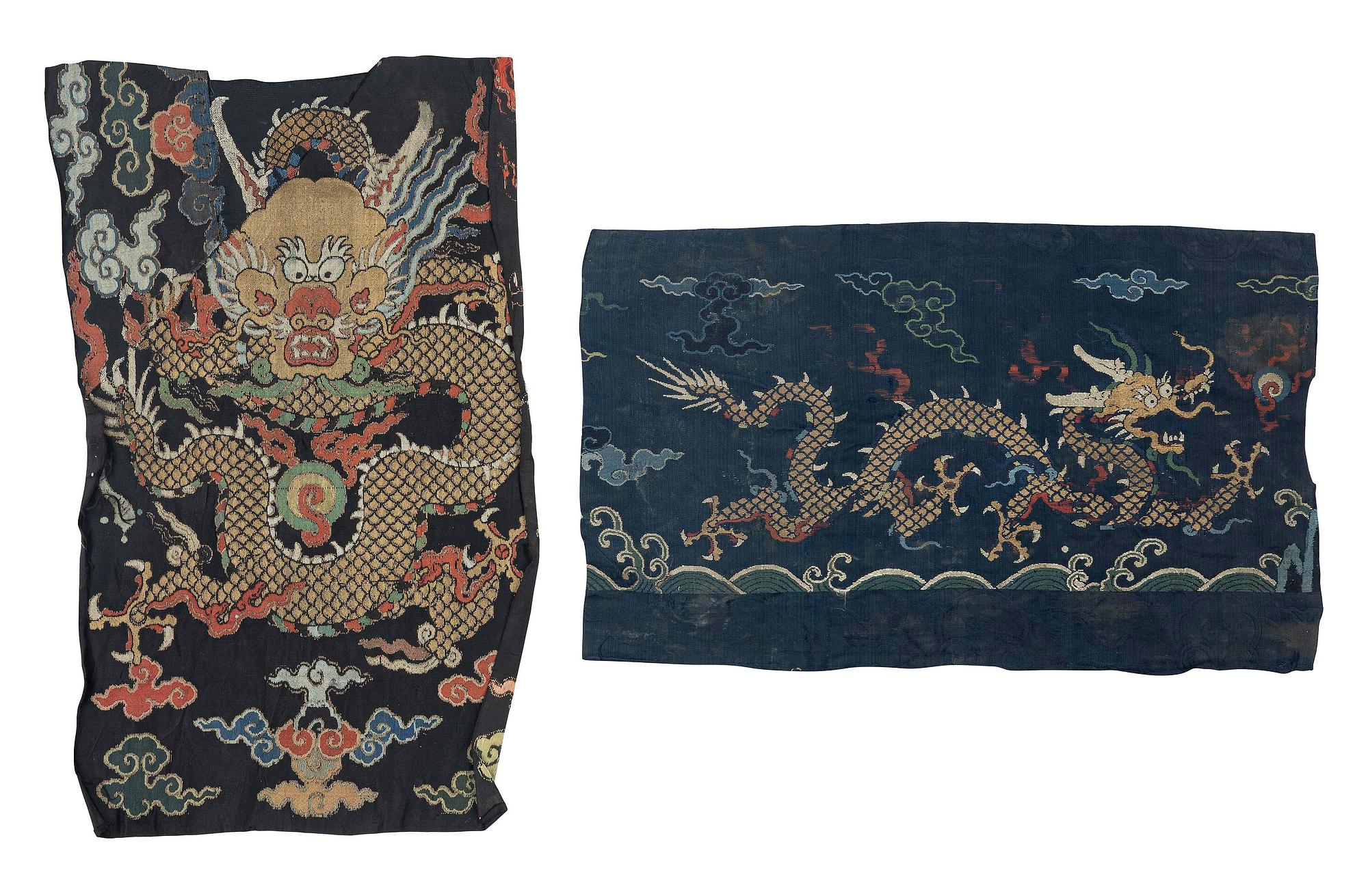 Two silk brocade 'dragon' fragments, late Ming dynasty/early Qing dynasty.