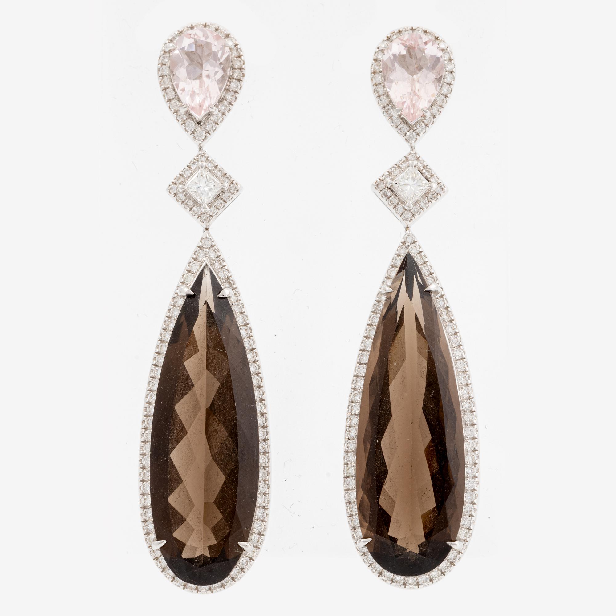 Earrings 18K white gold with drop-cut smoky quartz and morganite with diamonds.