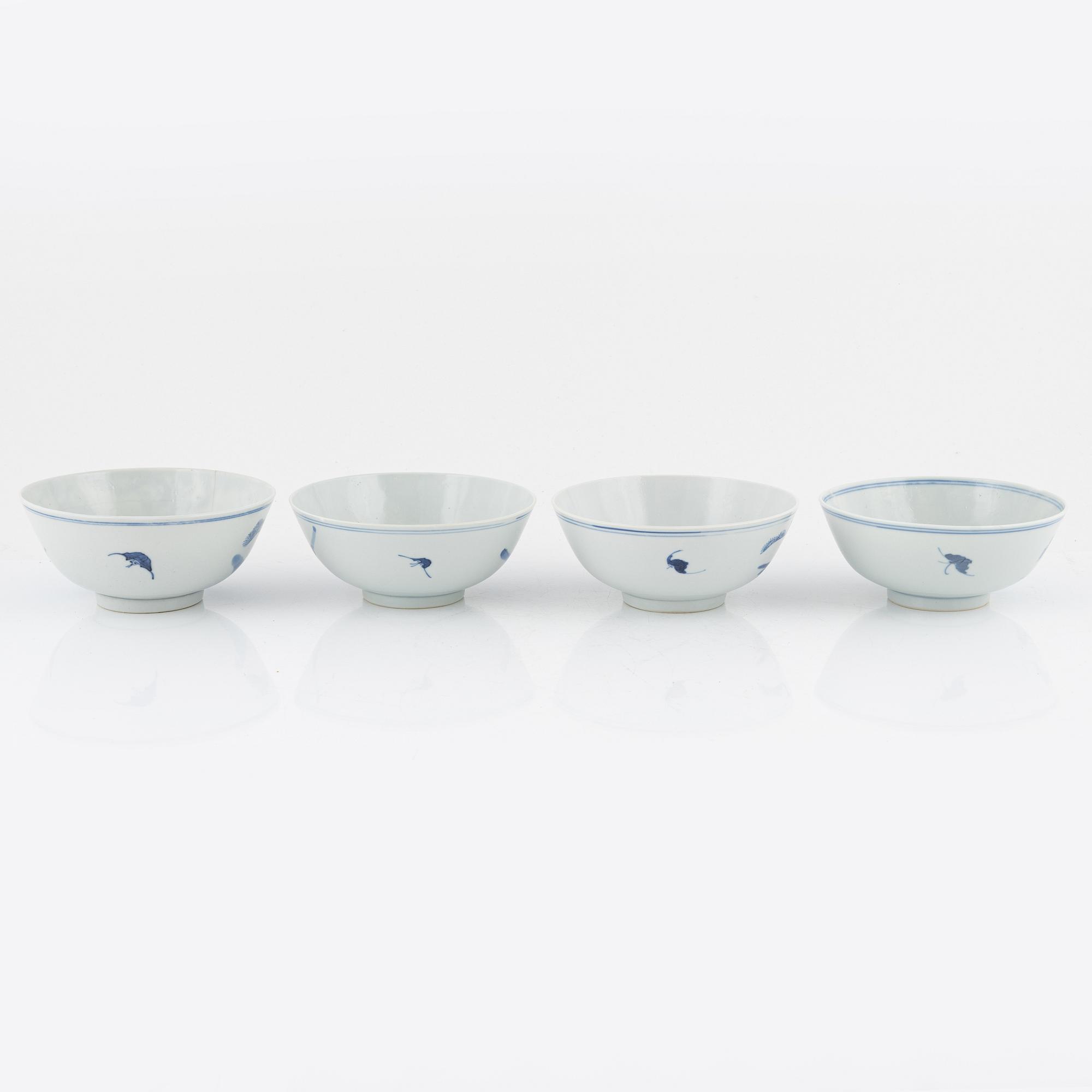 A set of four Chinese blue and white bowls, Qing dynasty, 19th century.