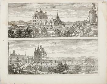 GRAVYRER, 5 st. Ur Suecia antiqua et Hodierna. Ur originalutgåvan, 1700-talets början. Föreställande Rosersbergs slott.