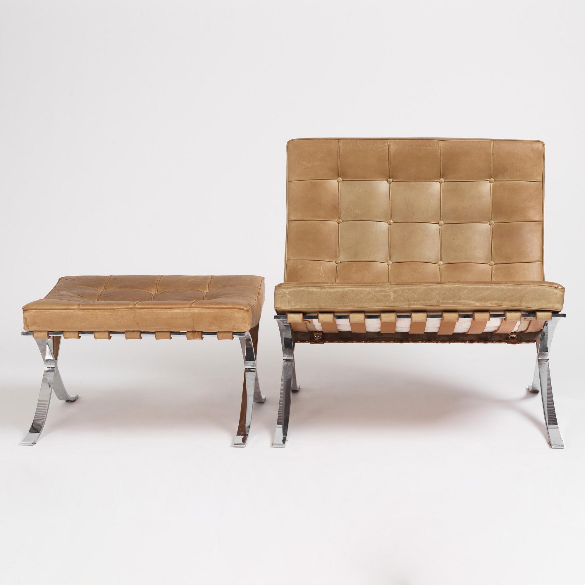 Ludwig Mies van der Rohe, a "Barcelona" easy chair and ottoman, Knoll, 1970s.
