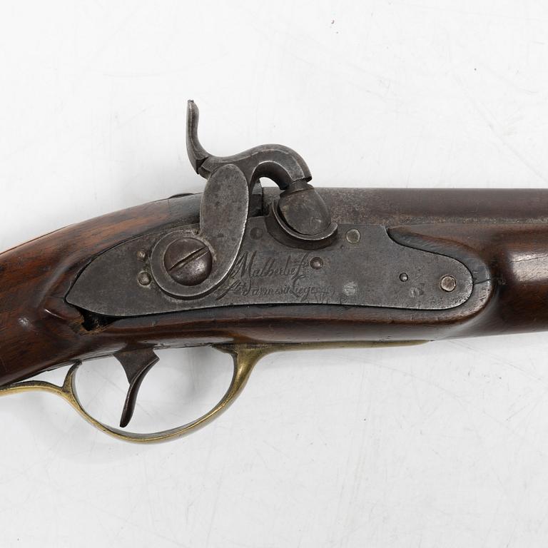 A military percussion pistol 19th century. Converted from flintlock, marked Malherbes, fabr d'armes a Liege.