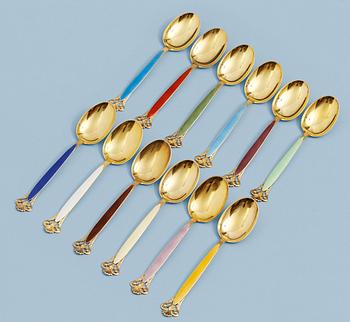 1105. A Th. Marthinsen set of gilt sterling and enamel dessert spoons, 12 pieces, Norway ca 1950.