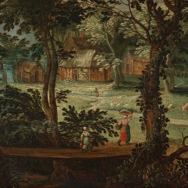 Adriaen van Stalbemt Hans krets, Landskap med figurer vid by.