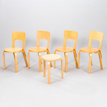 ALVAR AALTO, A set of four chairs model 66 and one stool model 60 for Artek, latter half of 20th century.