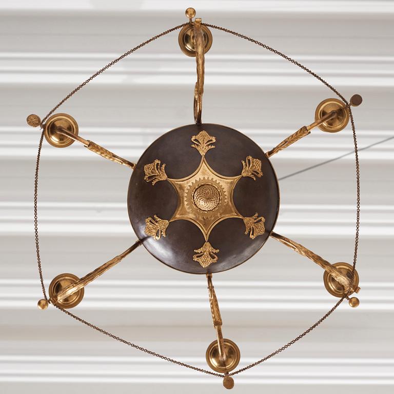 A late Gustavian ormolu and patinated bronze six-branch chandelier, Stockholm circa 1800.