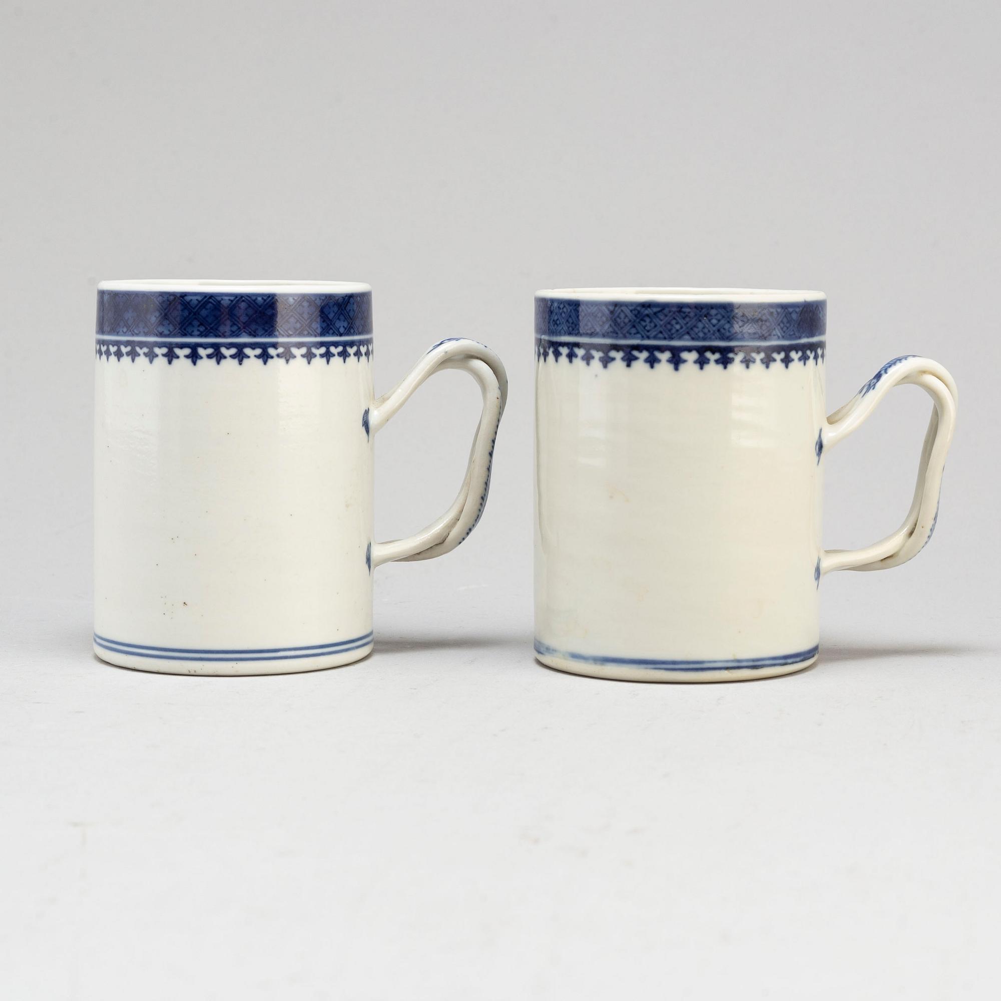 A pair of blue and white jugs and a punch bowl, Qing dynasty, Jiaqing (1796-1820).