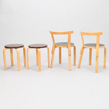 ALVAR AALTO, Two, '68' chairs and two 'E60' stools for Artek, latter half of the 20th century.