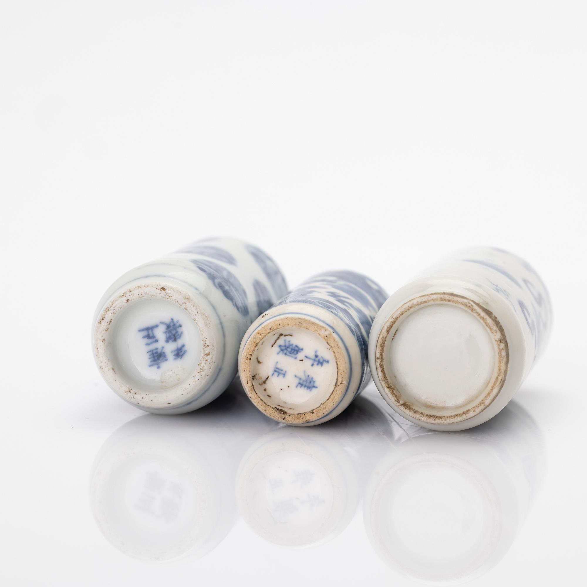 Snuff bottles, 3, porcelain, China, early 20th century.