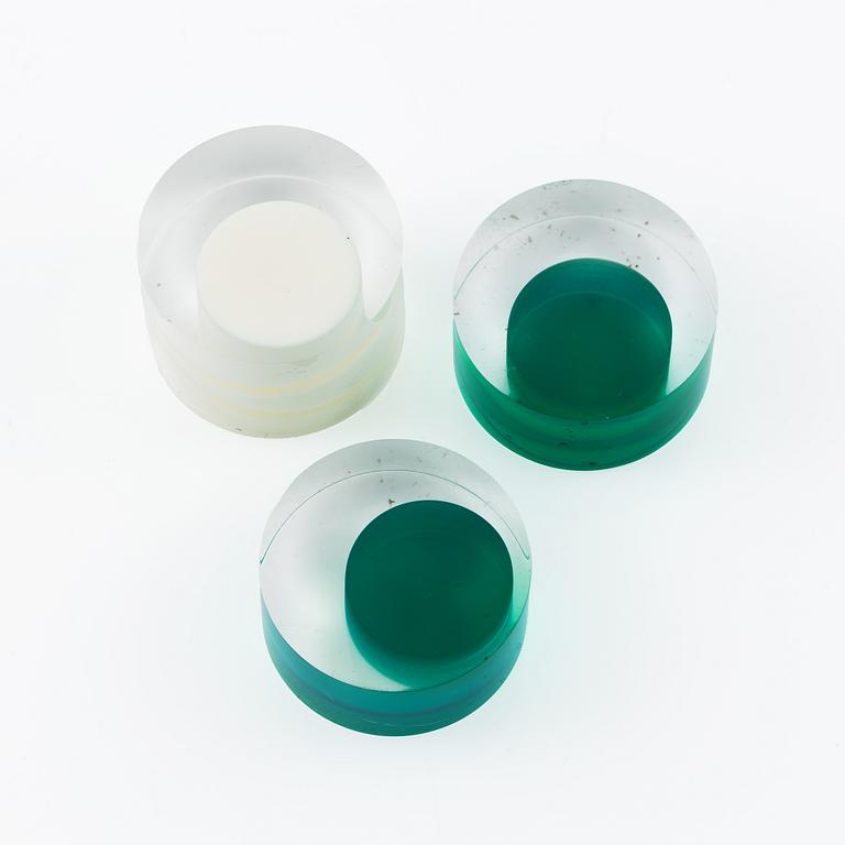 Siv Lagerström, three rings, and three sculptures, acrylic plastic, 1970s.