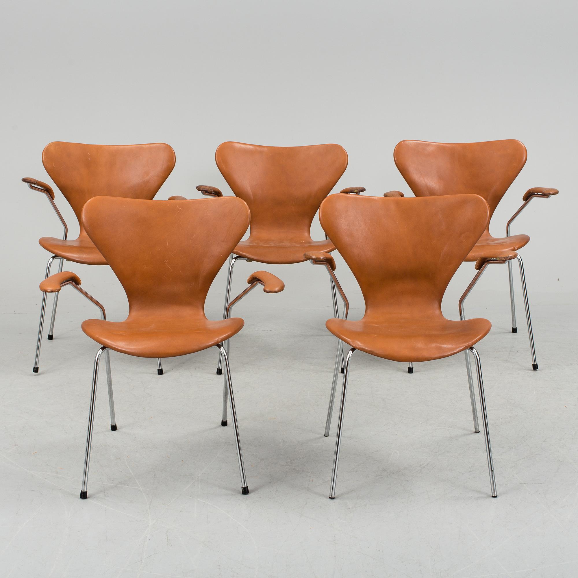 A set of five armchairs by Arne Jacobsen for Fritz Hansen, Denmark, 1981.
