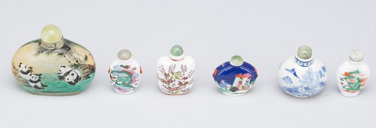 SNUSFLASKOR, 6 st. Porslin och glas, Kina 1800/1900-tal.