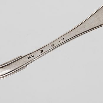 Two Swedish Silver Sprinkle Spoons, marks of  Nils Arf, Stockholm 1790, and Carl Gustaf Hjulström, Köping 1828.