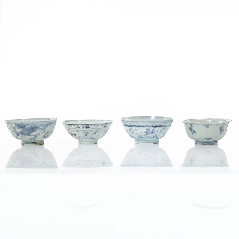 A group of four blue and white porcelain bowls, made for the Southeast Asian market, Ming and Qing dynasty.