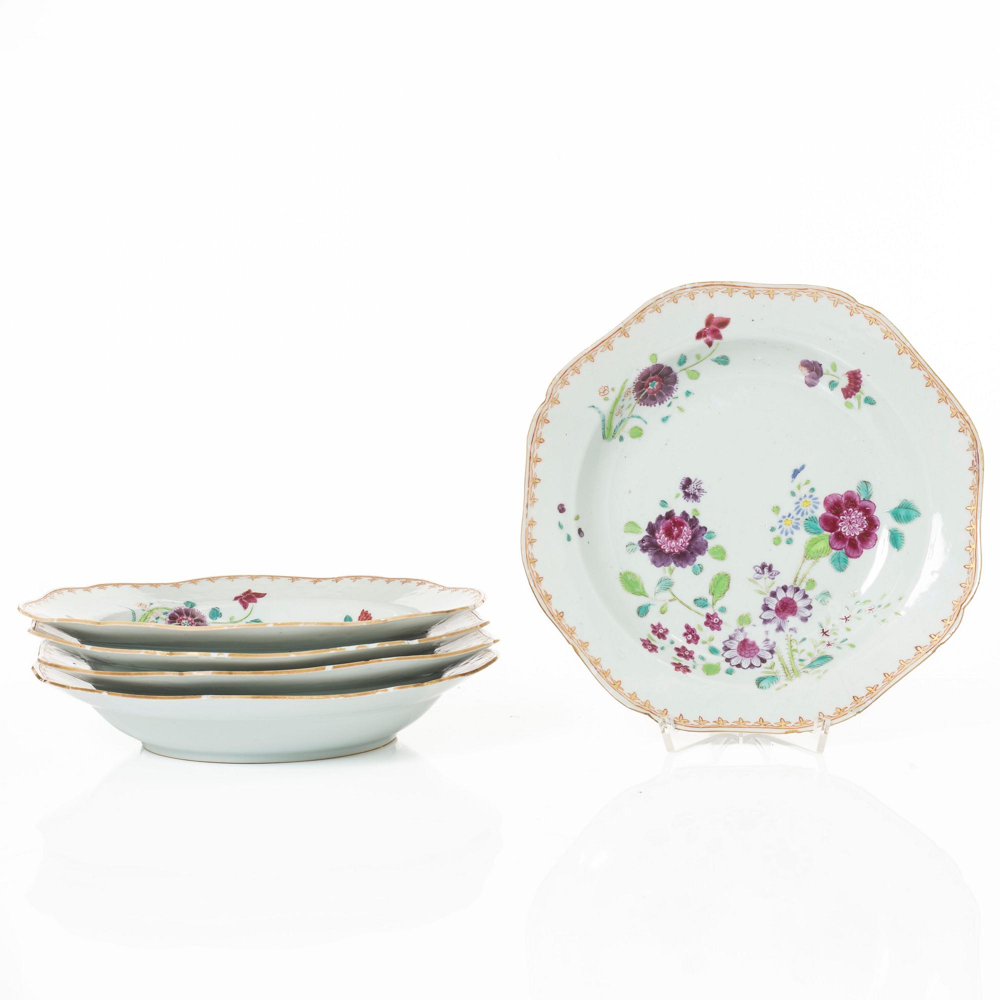 Five porcelain plates, China, Qing dynasty, Qianlong 1736-95.