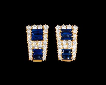 949. A pair of blue sapphire and diamond earrings.