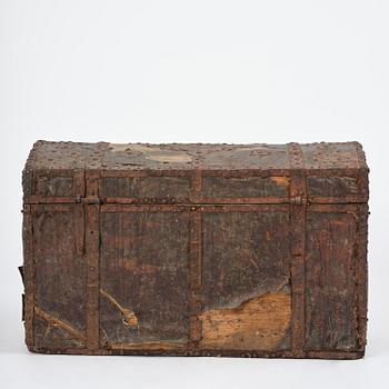 A Dutch baroque iron-bound and leather clad chest, later part 17th century.