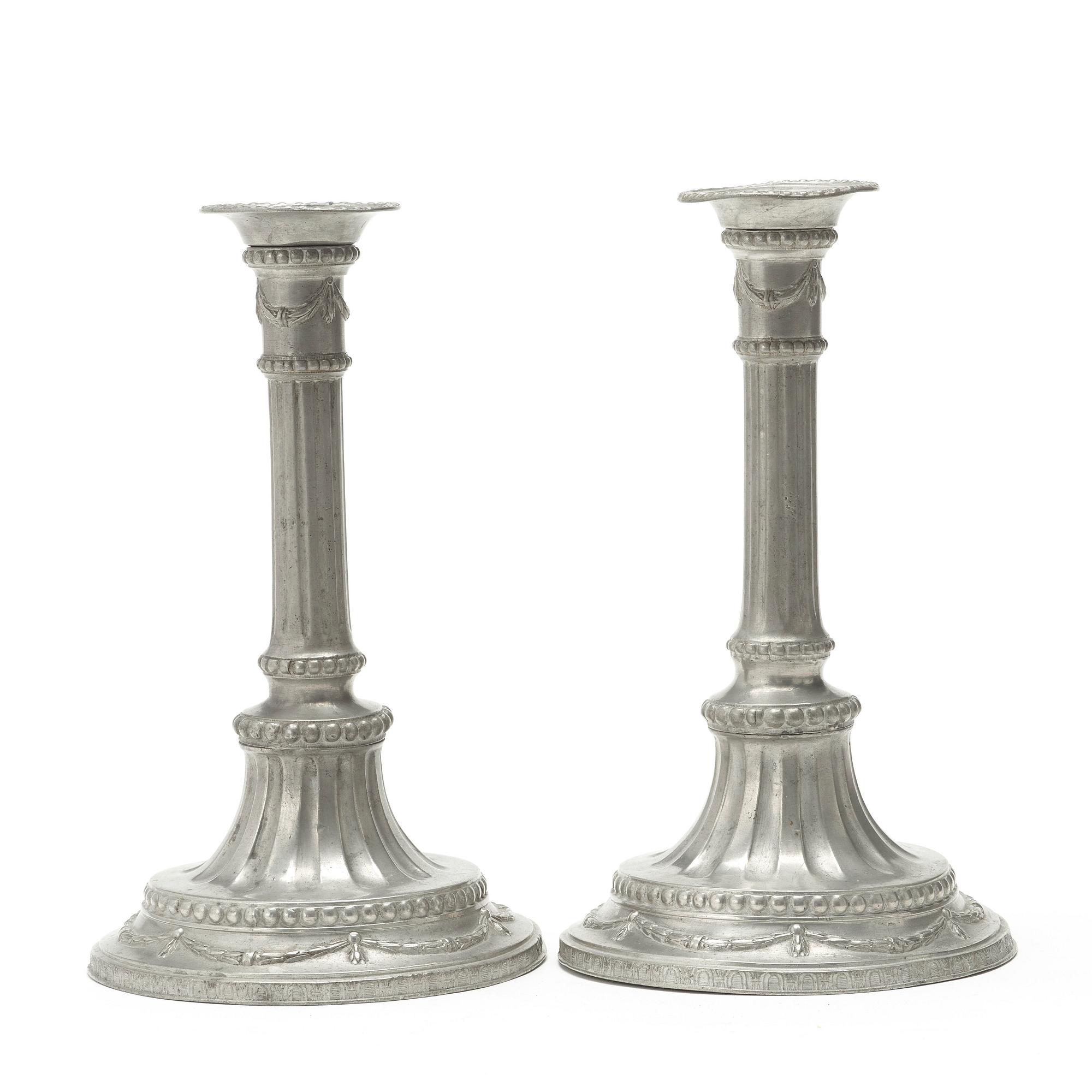 A pair of Gustavian pewter candlesticks by Jacob Sauer, Stockholm 1784.