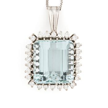 An 18K white gold Engelbert pendant set with a aquamarine and round brilliant-cut diamonds.