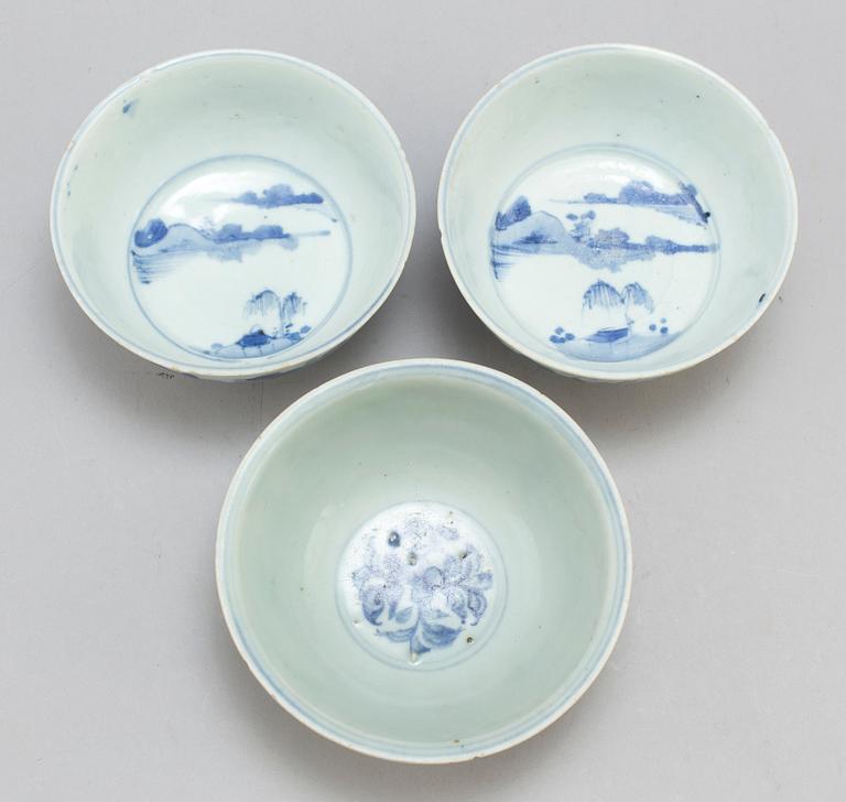 Three blue and white bowls for South East Asian market, one Ming dynasty, and two Qing dynasty.