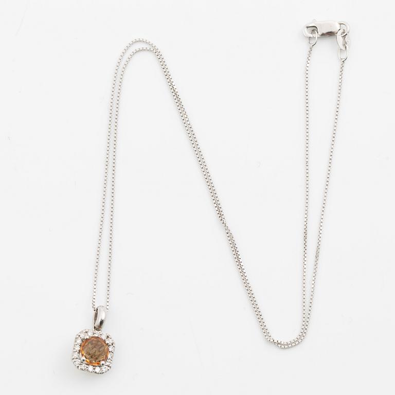 Necklace with orange-brown rose-cut sapphire and brilliant-cut diamonds.