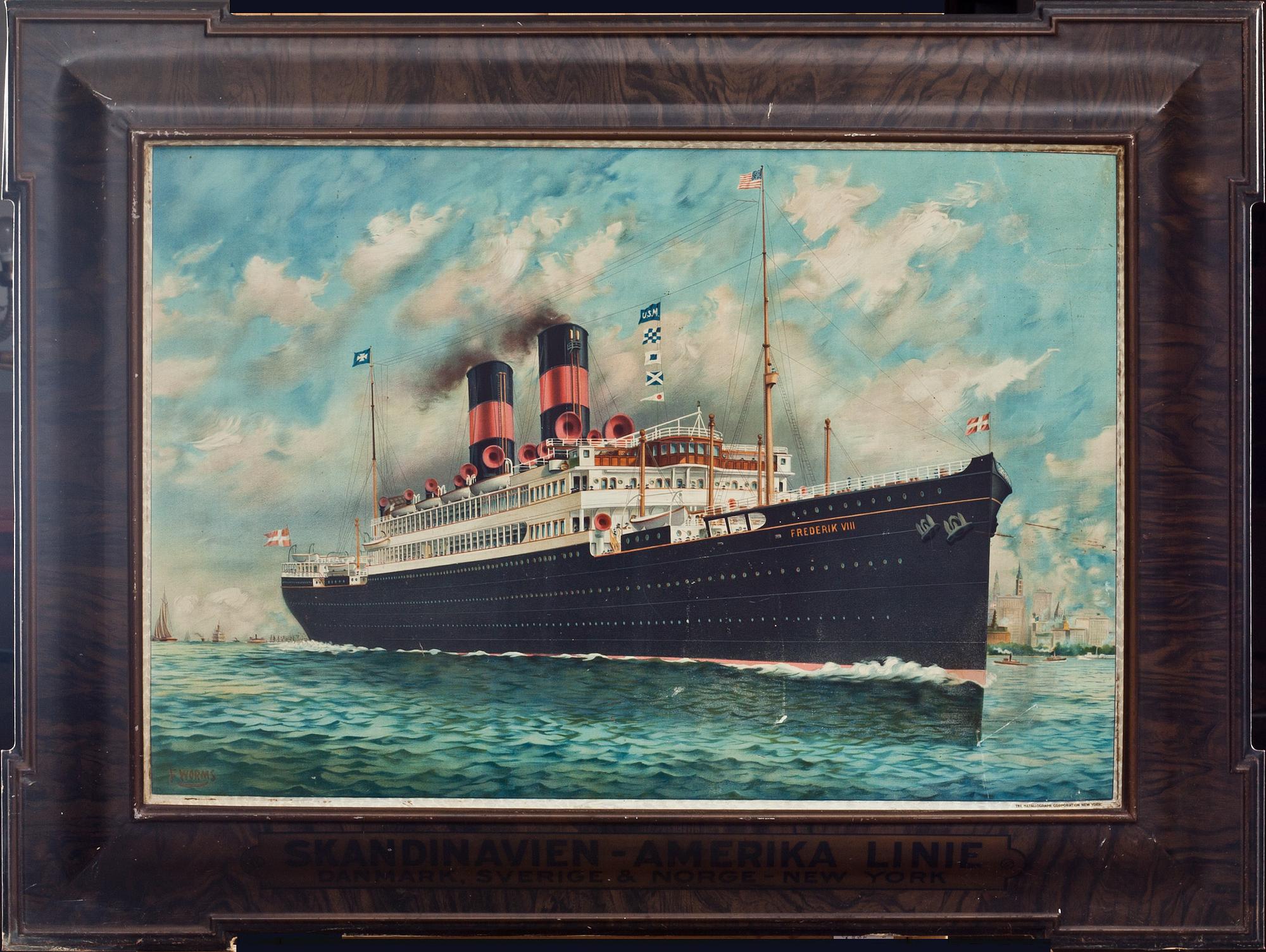 REKLAMSKYLT, plåt, Skandinavien-Amerika-Linien. 1900-talets början.