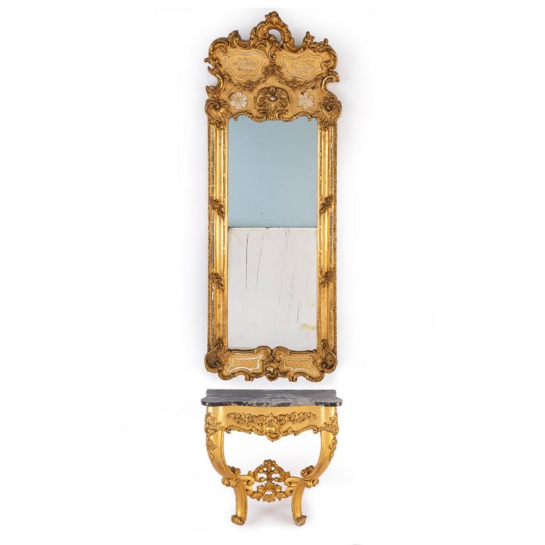 A late 19th century mirror and console table.