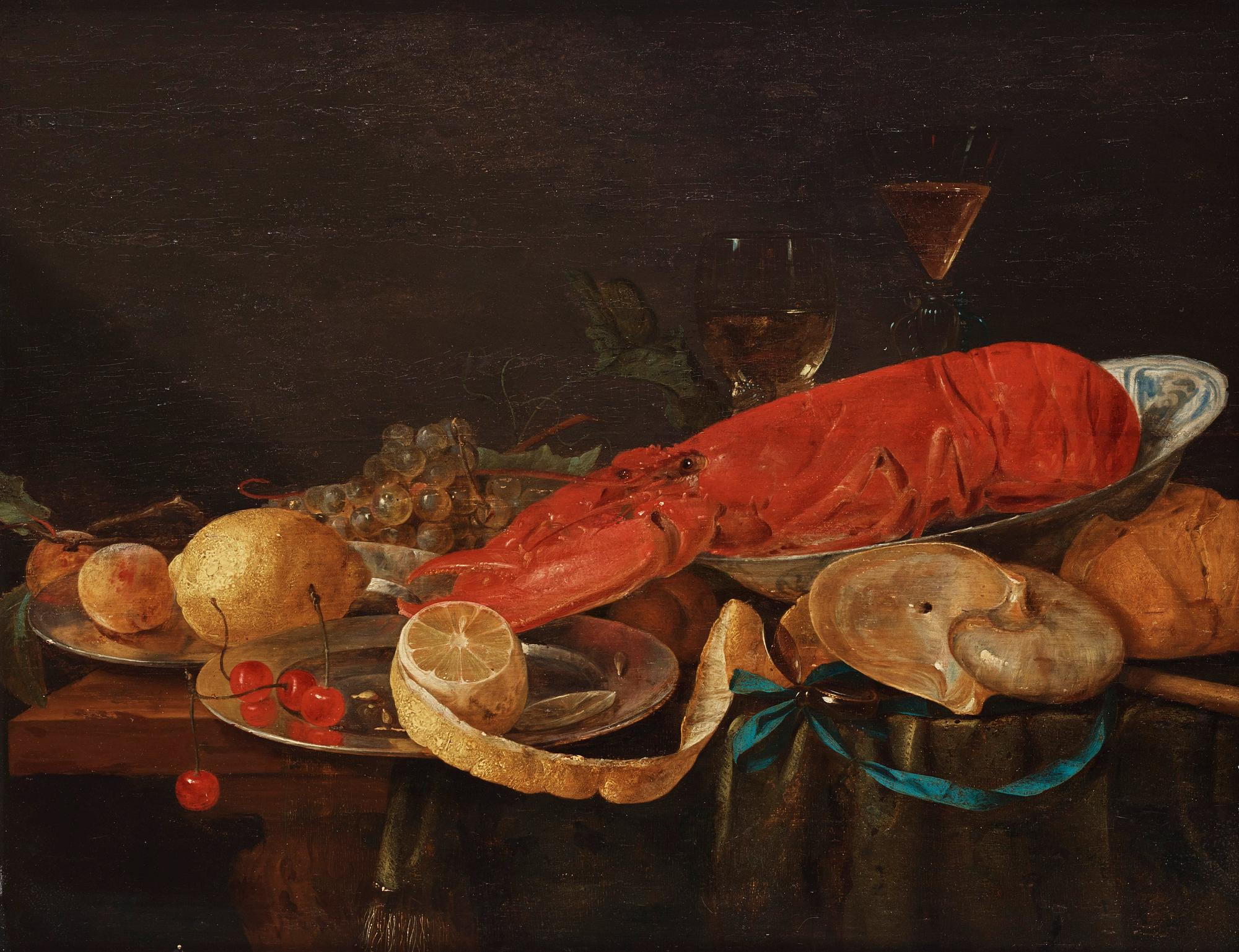 Pieter van Overschie (van Overschee), attributed to, Still Life with Lobster, Nautilus Shell, Wanli dish, and Lemon.