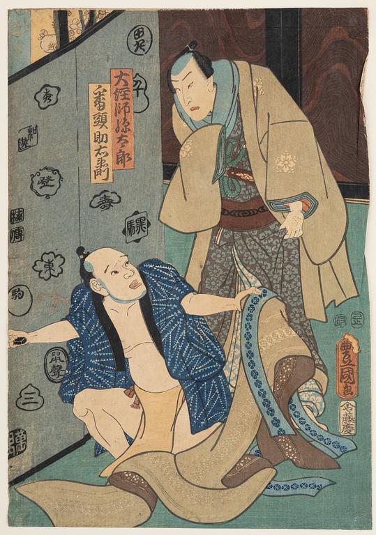 Utagawa Kunisada, tre träsnitt samt Utagawa Kuniyoshi, träsnitt.